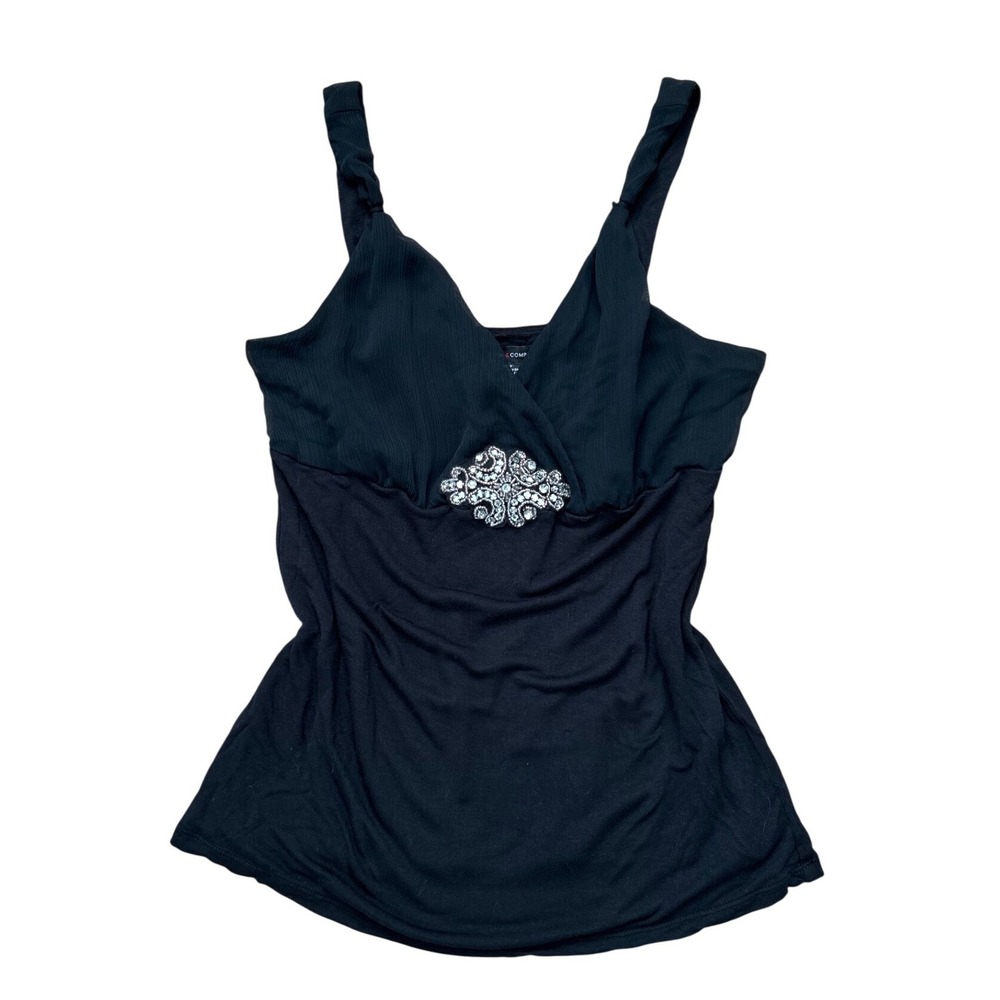 Vtg Black Rhinestone Babydoll Camisole tank Top Y2K XS Grunge goth baddie
